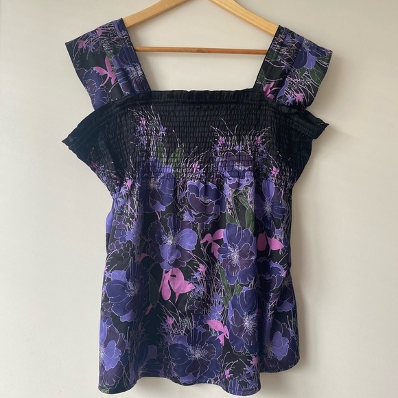 Portmans Black & Purple Butterfly Sleeves Shirring Bust Tank Size 10 - Picture 1 of 13